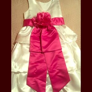 Flower girl wedding dress, white and fuschia bow